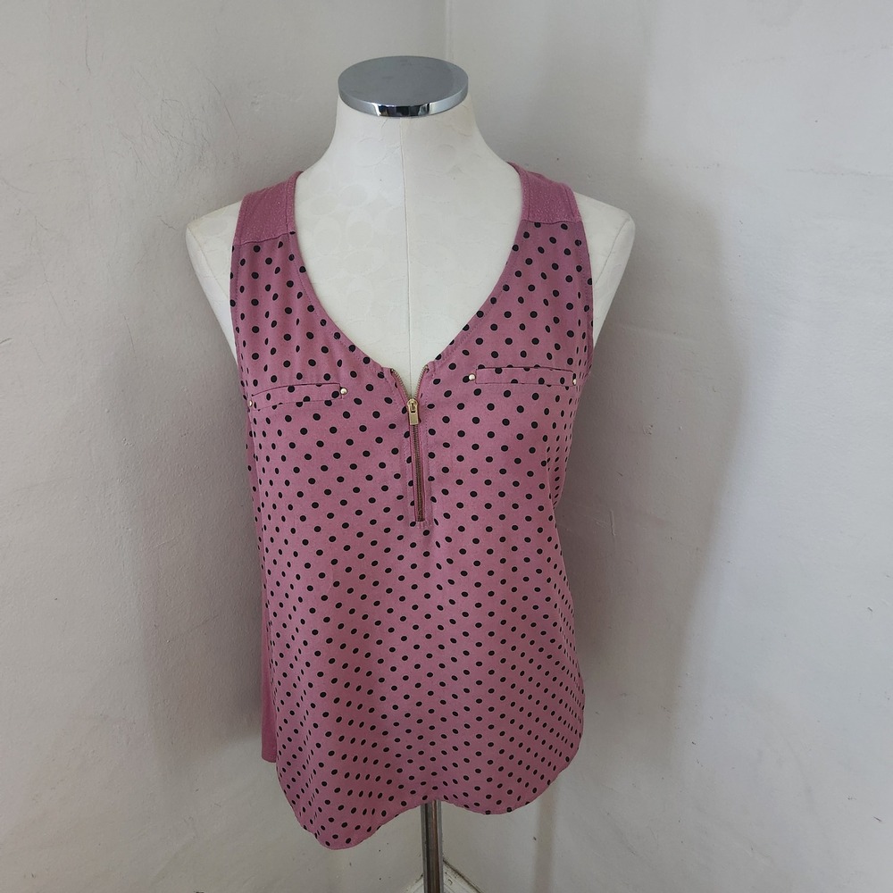 IZ Byer Womens Pink Polka Dot Quarter Zip Sleeveless Blouse Medium